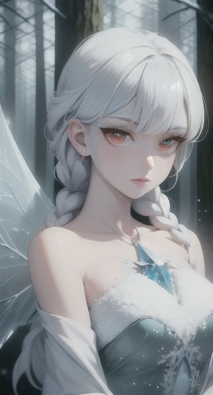 Frozen, misty Forest, ancient being, winter, snow, snow fairy , red eyes, eyes in the fog, regal, looking dead, ice wings,