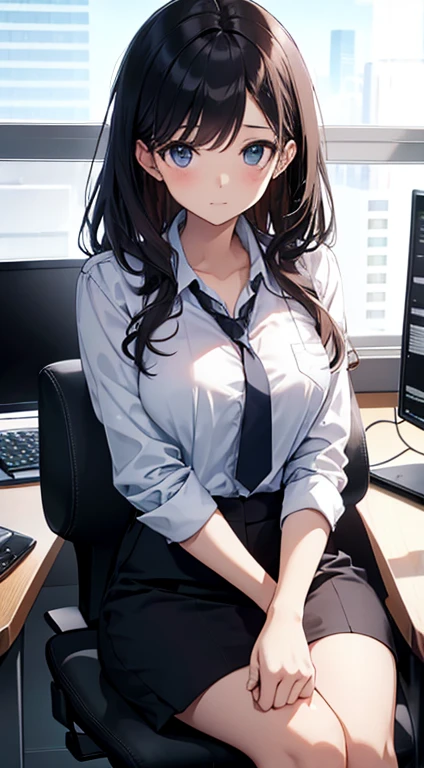 there is a woman Sitting at a desk with a computer, She sat at the desk, Office Clothes, sitting on the desk, on the desk, Sitting at a desk, sat At the office, sitting behind a desk, Sitting at a desk, Wearing a strict business suit, At work, At the office, Japanese Model, At work, captivating and mesmerizing