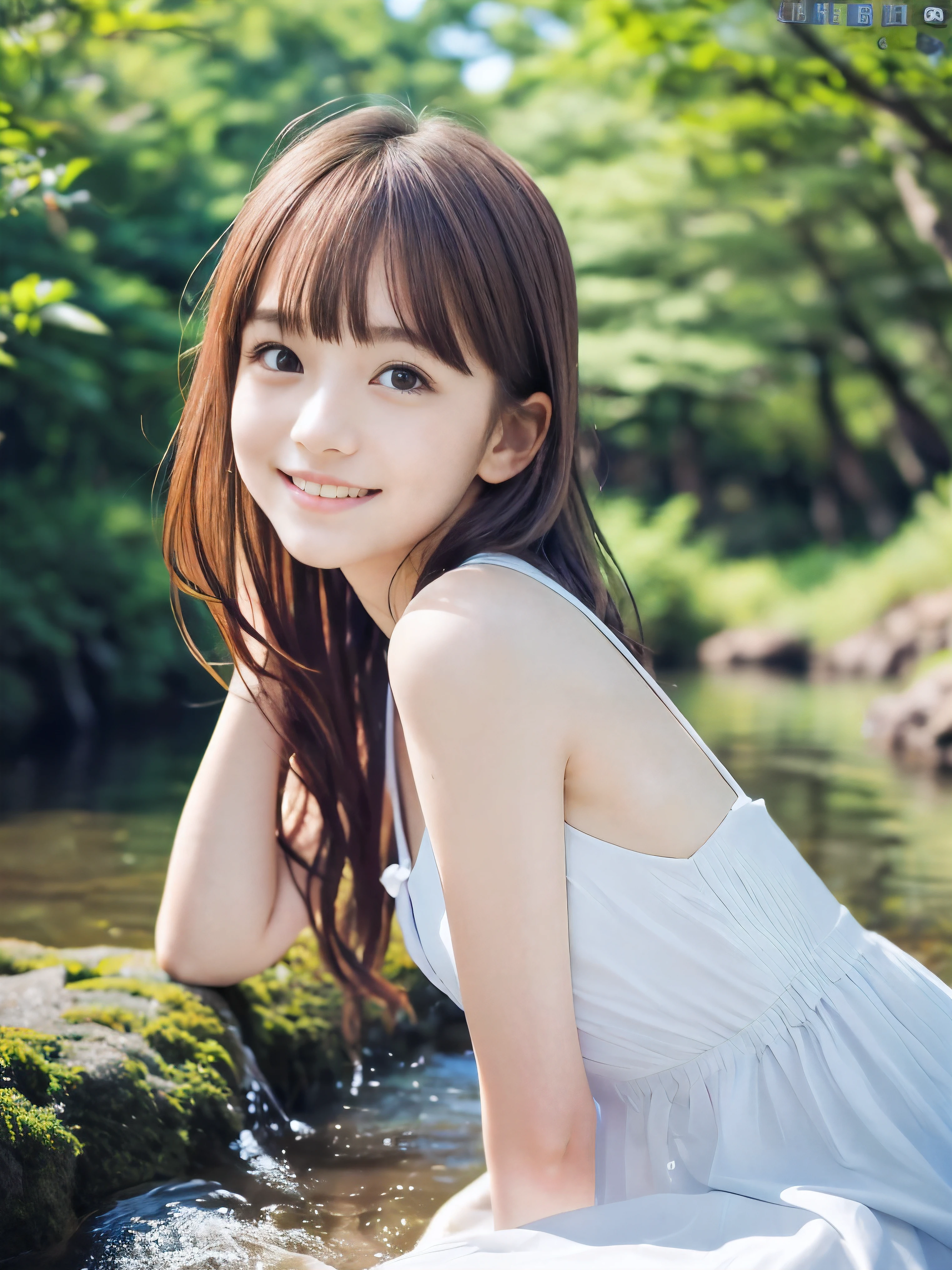 (Close up portrait of slender small-breasted red brown wavy long hair with dull bangs girl wearing a white summer dress:1.5)、(One girl is playing with shy smile in the clear stream and water fall at the forest in Japan:1.5)、(Summer beautiful blue sky and forest:1.5)、(blurred background:1.5)、(8k ultra detailed master piece:1.5)、(perfect anatomy:1.5)、(Photorealistic stick:1.5)、(Raw photo:1.3)、(highest quality:1.5)、(High resolution:1.3)、(Delicate and beautiful perfect face:1.3)、(Delicate and beautiful eye air skin:1.3)、(Real Human Skin:1.3)、((thin legs))
