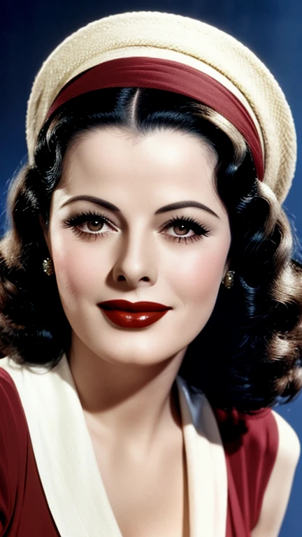 Hedy Lamarr dressed in sexy librarian clothes with colorful lipstick and smiling