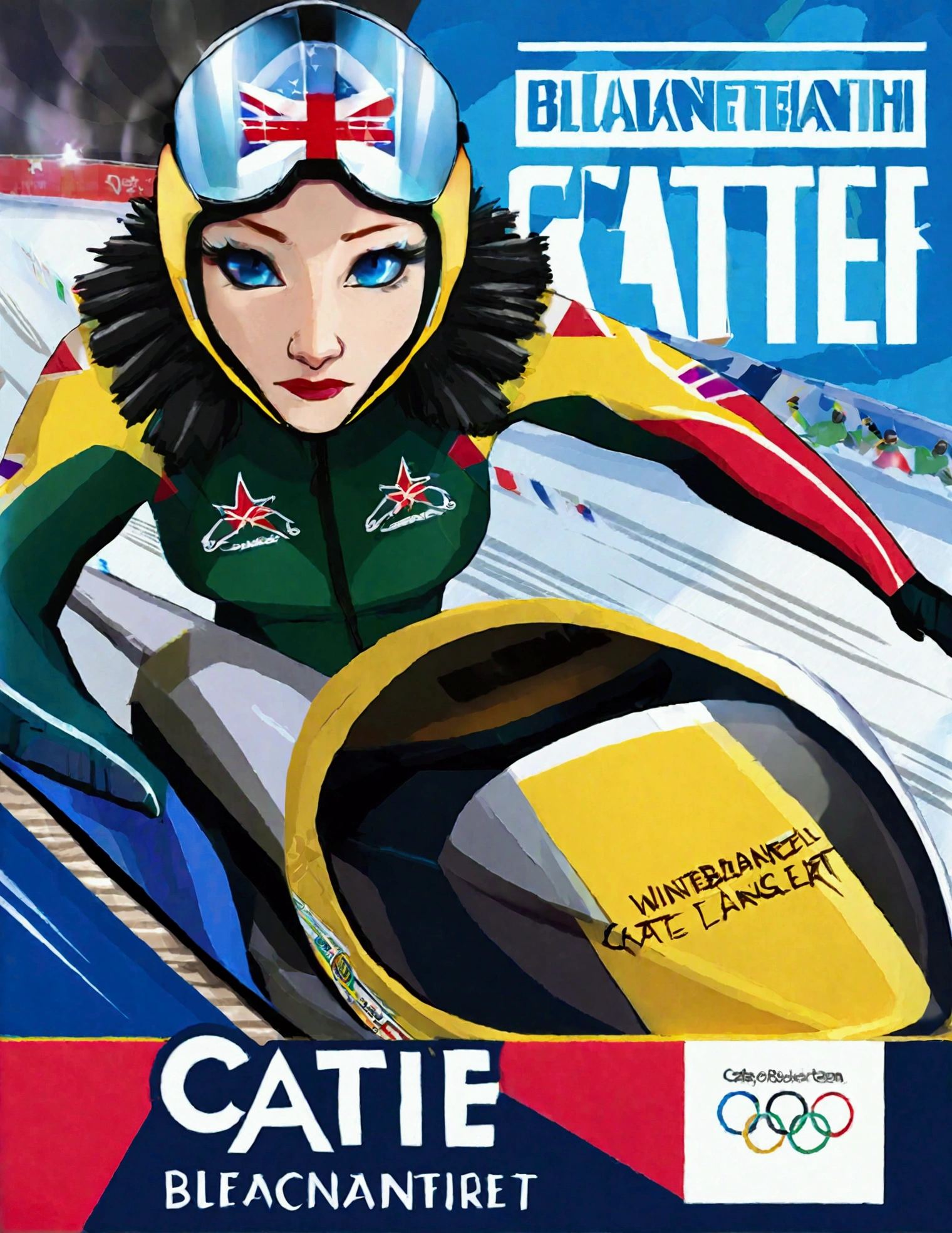 Olympic Bobsled team (Cate Blanchett, age 25, winterwear) is racing down the slalom, high intensity, high speed, award winning moment

