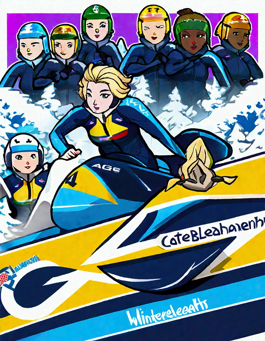 Olympic Bobsled team (Cate Blanchett, age 25, winterwear) is racing down the slalom, high intensity, high speed, award winning moment
