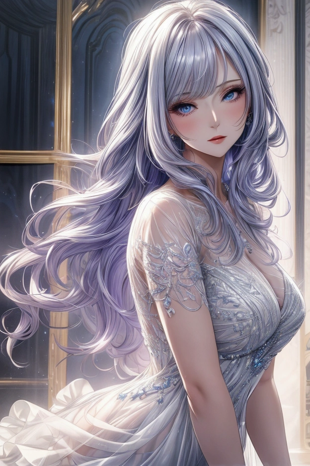 Elegant adult women, looking into distance, blue eyes, long white hair and purple strokes, side swept bangs, Sheer dress, see through dress, 4K resolution, High quality CG, fair