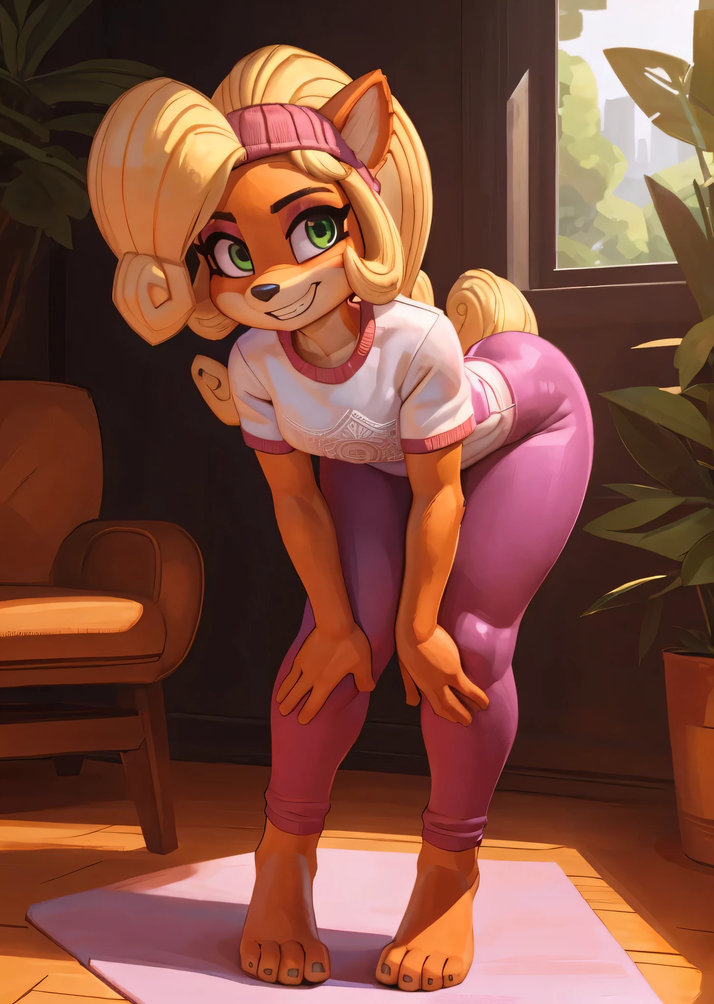 [Coco bandicoot], [Uploaded to e621.net; (Pixelsketcher), (wamudraws)], ((masterpiece)), ((high quality)), ((HD)), ((solo portrait)), ((full body)), ((POV)), ((front view)), ((furry; anthro)), ((detailed fur)), ((detailed shading)), ((beautiful render art)), ((intricate details)), {anthro; orange fur, black nose, (cute green eyes), (short eyelashes), (pink eyeshadow), blonde curly hair, curly ponytail, (beautiful socks), (camel toe), (sweating), (blushing), (frown), (clenching teeth)}, {(white tank top pink lining), (small boobs), (nipple outline), (pink spandex yoga pants), (black toeless socks), (pink flower in hair)}, {(on yoga mat), (sitting), (footjob), (both feet on viewer's penis), (looking down)}, [background; (tropical forest), (living room), (window), (sun rays), (pink laptop on floor)]