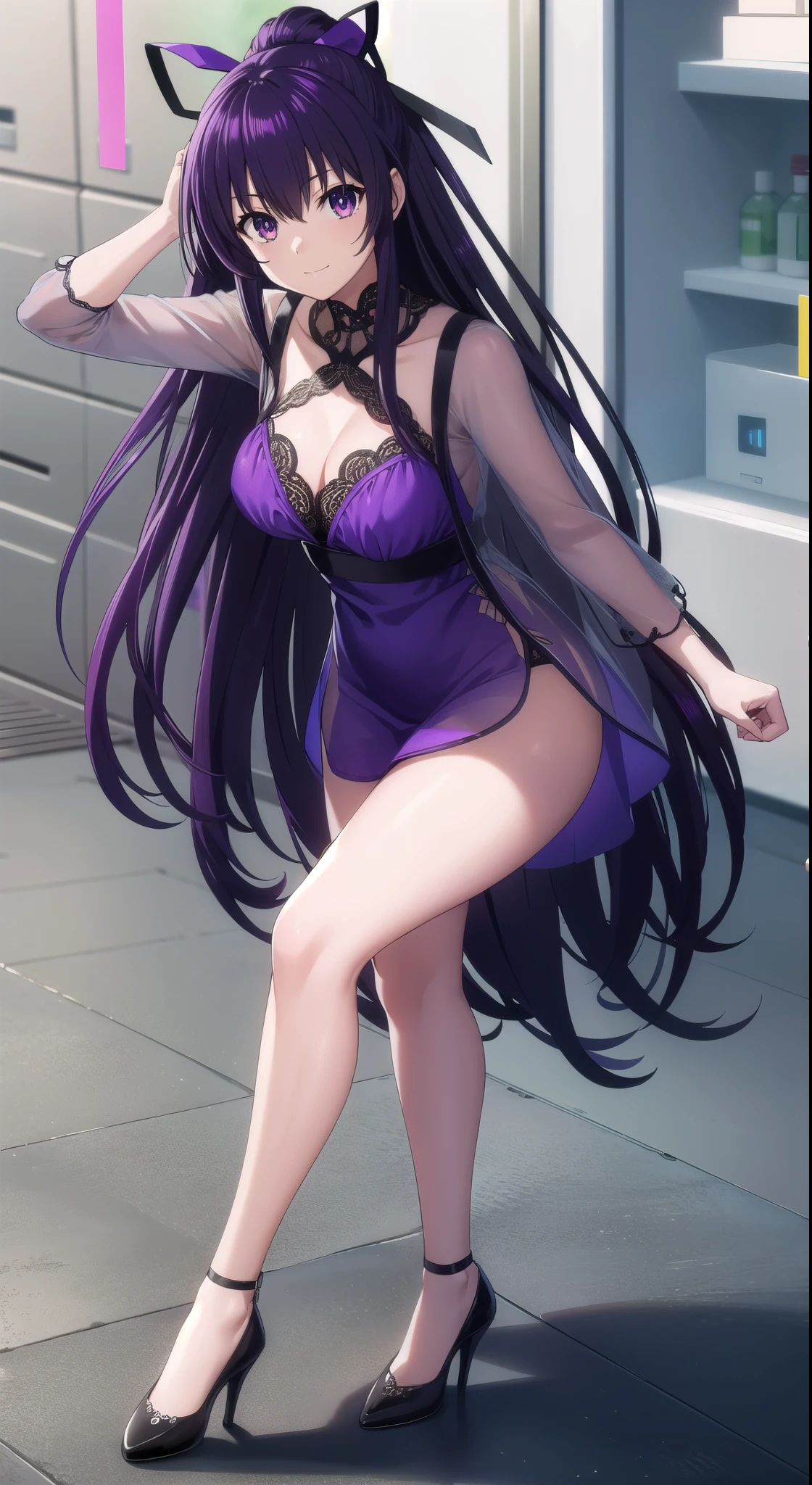 tohkayatogami, tohka yatogami casual, long hair, purple hair, alluringly smile , black transparent lace top, see through lace top, long sleeve, black mini dress , tight dress ,(purple eyes:1.1), hair ribbon, ponytail, purple hair, white ribbon, E cup breasts, bewitched thighs, slender waist, plump butt , high heels
BREAK ,
BREAK daylight ,alone,
BREAK looking at viewer, standing, alluring poses
BREAK (masterpiece:1.2), best quality, high resolution, unity 8k wallpaper, (illustration:0.8), (beautiful detailed eyes:1.6), extremely detailed face, perfect lighting, extremely detailed CG, (perfect hands, perfect anatomy),