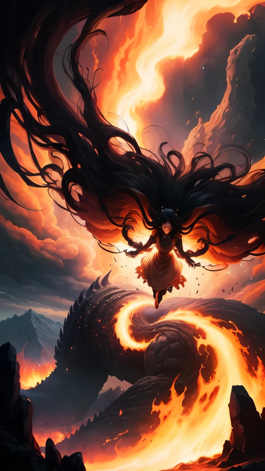 ((best quality)), ((masterpiece)), (detailed), A digital illustration of a furious woman in a light peach color princess dress with long black hair flying in the air surrounded by monsters, with a tornado and lava in the background
