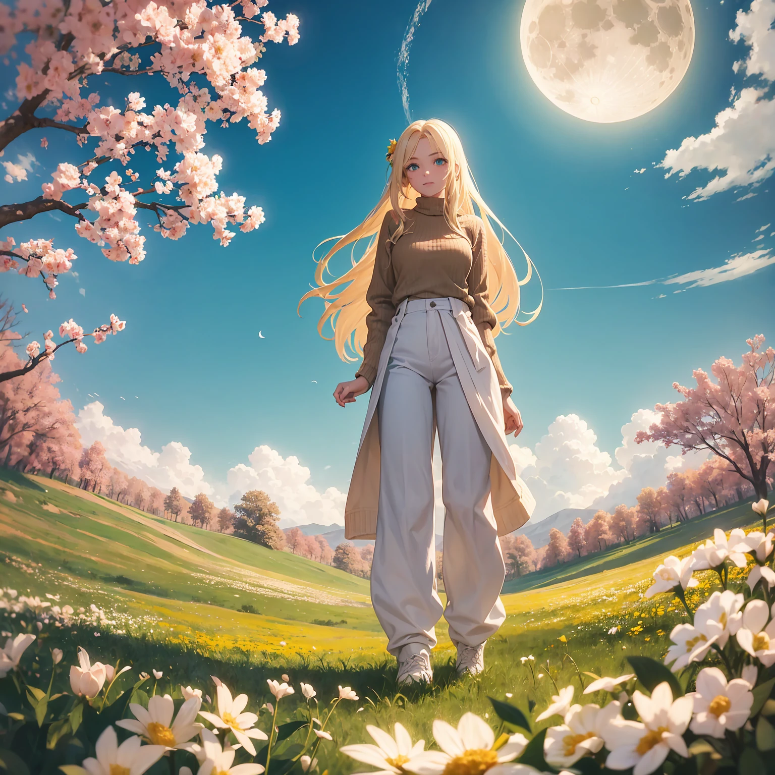 Twenty year old girl with long blonde hair, green eyes. Standing in the middle of a field full of different colored flowers wearing white pants and a beige sweater. looking at the flowers. Clear day with the moon in this.