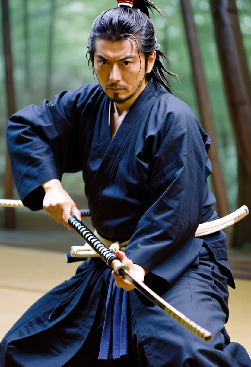 Miyamoto Musashi making noise at the enemy's lodgings。His back is reflected as he stands in the hallway.、A surprised face from behind the door