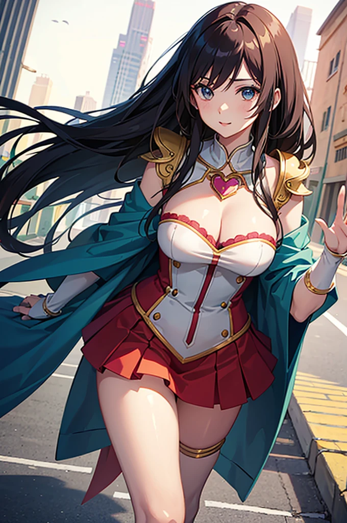 (best quality: 0.8), (best quality: 0.8), Perfect anime illustration, Close-up portrait of a beautiful woman wearing a heart cosplay costume，Walking in the city，Waving arms，Size