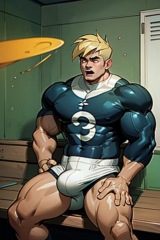 Danny Fenton in a locker room sitting on a wooden bench and listening to hypnotic MP.3 player playing subliminals through earbuds in his ears. Turning into stereotypical football jock just like Dash Baxter. Black hair with blonde highlights. hyper muscles. Big biceps. Big triceps. Big traps. big lats. big deltoids. Big meaty pecs. Swollen crotch bulge. Tenting crotch. Open mouth. Sneer. y smirk. IQ drain. Dumber and dumber. big dumb jock. Jock assiation. Hypnosis. Hypnotic trance. Brainwashing. Brainwashed. Hypnotized. Entranced. Jock assimilon. Jock conversion. Meathead. Musclehead. Brute. Bro. "I hear ... I obey.... I am where I belong.... I am in a locker room.... Jocks belong in a locker room... Yes, ... I ... am a jock.... Just a dumb ... muscular jock.... Bigger and bigger.... Dumber and dumber.... Jocks don't think.... Jocks follow the play.... Jocks obey.... I obey... I am a jock.... I obey... I am a jock.... I do not think.... I obey.... Just ... a dumb ... football jock ... like Dash.... Must ... give ... wedgies! Nerds ... deserve to be bullied.... Must ... bully ... nerds.... Dash is ... my best bro.... I ... am a good jock. Be like Dash.... Be a good football jock.... Bully ... dumber ... bully.... I obey.... Fuck, wherthat Foaley kid? He's got appointment with a swirly that I don't want him to miss." Football uniform. Cleats. Shoulder pads. Jockstrap. Coach smiles approvingly and lays a hand on Danny's shoulder pad.