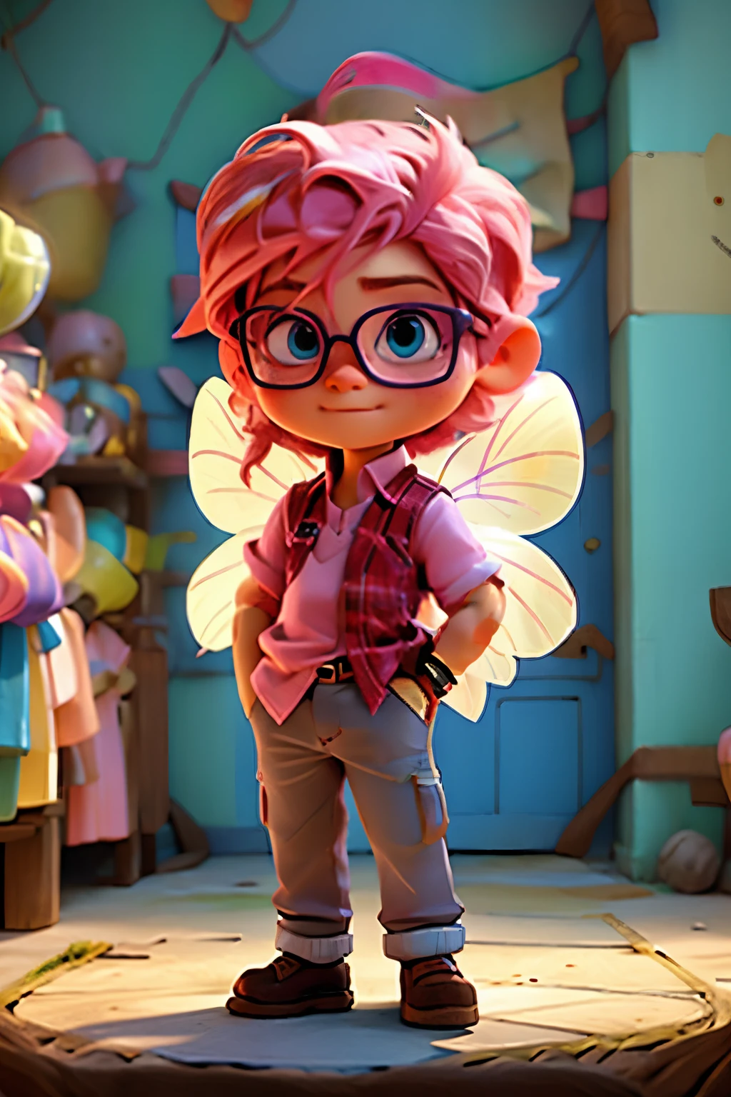 Pastel chibi fairy boy with pink hair and glasses