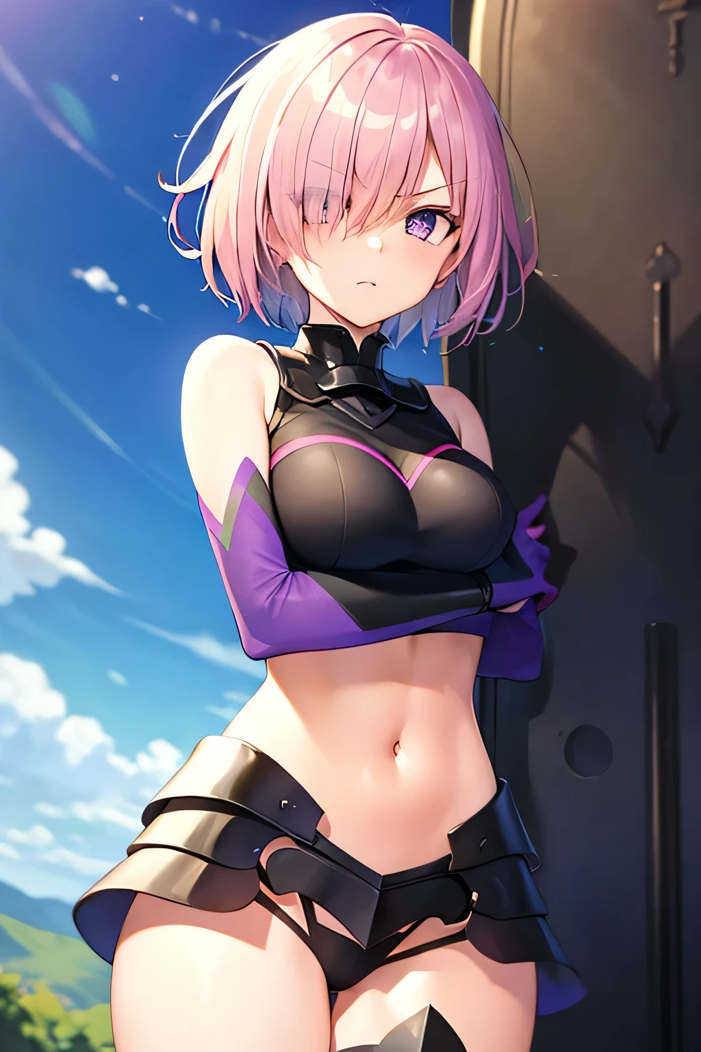 super fine illustration, vibrant colors, masterpiece, sharp focus, best quality, depth of field, cinematic lighting, ultra detailed, 1girl, solo, angry, navel cutout, stomach cutout, black armor, Shielder, bare shoulder, elbow gloves, leotard, armored dress, shield, v-shaped eyebrows, Fate/Grand Order stage 1, armored skirt, outdoors, mash kyrielight, short hair, purple eyes, short hair, pink hair, pink hair hair over one eye,