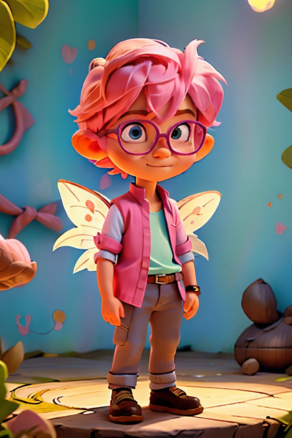 Pastel chibi fairy boy with pink hair and glasses