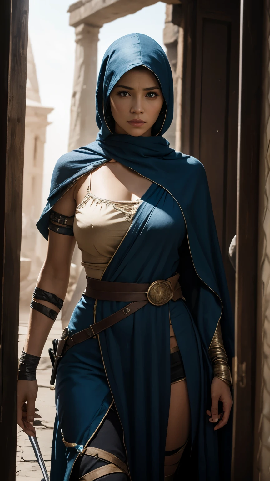 Resurrected female mummy,Cloth wrapping,Shroud,Female Assassin,Assassin's Creed,Dagger in hand,Standing on the top of the tower,Full body image