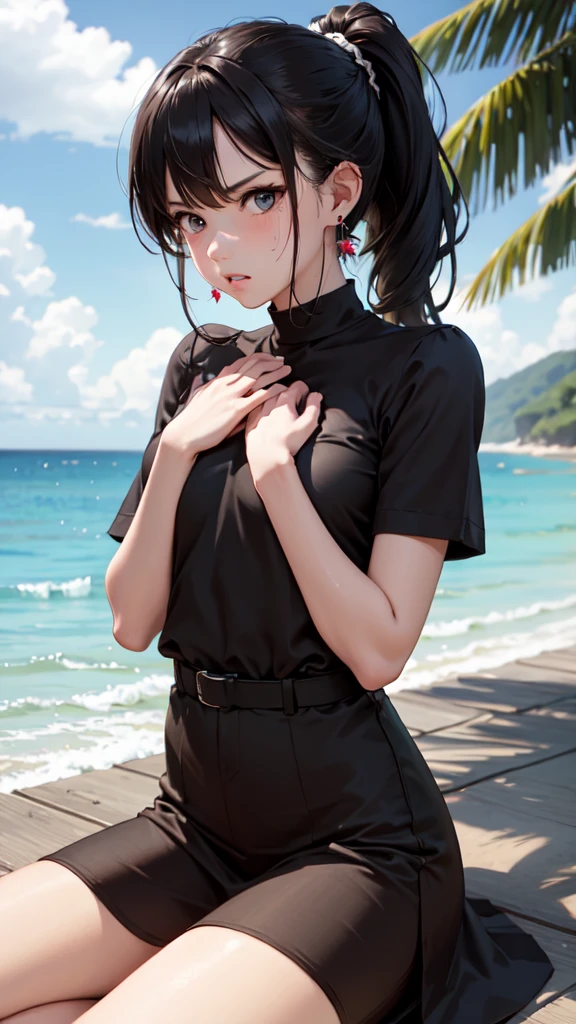 masterpiece, best quality, earrings, brown dress, black hair, small breasts, girl, alone, upper body, hot, sweaty, sitting, ponytail, looking at camera, hands on own chest, ocean, cruiser, sitting, angry