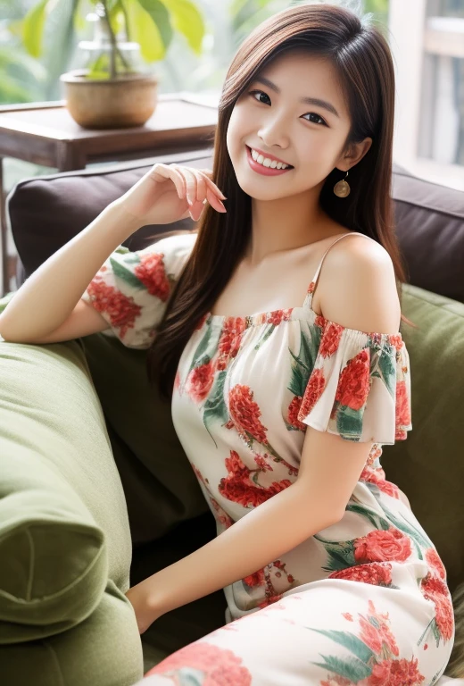 Floral print dress、Relax on the sofa、Asian Beauty、Smiling Kindly、Have a tropical drink、Sit on a chair、Slit lengthdouble、Long Hair、View here、