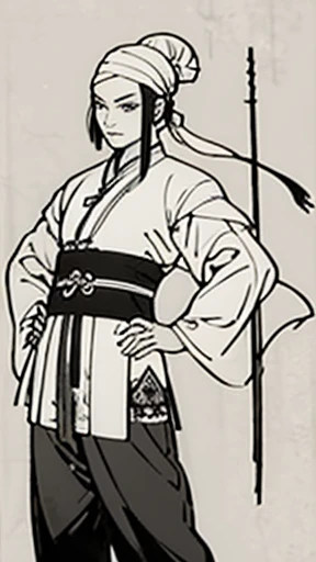 (((Monochrome)))、(((Ink Painting)))、((ancient China、Handsome young man with hair in a bun and wearing a white swimming cap))、Have a long stick、(((Hands on hips))),Line art、Oriental、Ultra-high resolution、Game Poster、Crisp and beautiful image quality、whole body ,(ancient China鎧, Dragon head on shoulder, (ancient China鎧 with intricate pattern:1.2), gloves, Long trousers, (Very detailed, bloom:1.5), (Highest quality, Concept Art, 4K), (analog:1.2), (high sharpness), (Detailed pupil:1.1), Detailed face and eyes, masterpiece, Highest quality,8k, (Black Hair, Dynamic Short Hair), (PurerosFace_v1:0.2), [:(Detailed face:1.2):0.2], sharp, Realistic Shadows,  