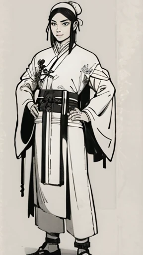 (((Monochrome)))、(((Ink Painting)))、((ancient China、Handsome young man with hair in a bun and wearing a white swimming cap))、Have a long stick、(((Hands on hips))),Line art、Oriental、Ultra-high resolution、Game Poster、Crisp and beautiful image quality、whole body ,(ancient China鎧, Dragon head on shoulder, (ancient China鎧 with intricate pattern:1.2), gloves, Long trousers, (Very detailed, bloom:1.5), (Highest quality, Concept Art, 4K), (analog:1.2), (high sharpness), (Detailed pupil:1.1), Detailed face and eyes, masterpiece, Highest quality,8k, (Black Hair, Dynamic Short Hair), (PurerosFace_v1:0.2), [:(Detailed face:1.2):0.2], sharp, Realistic Shadows,  