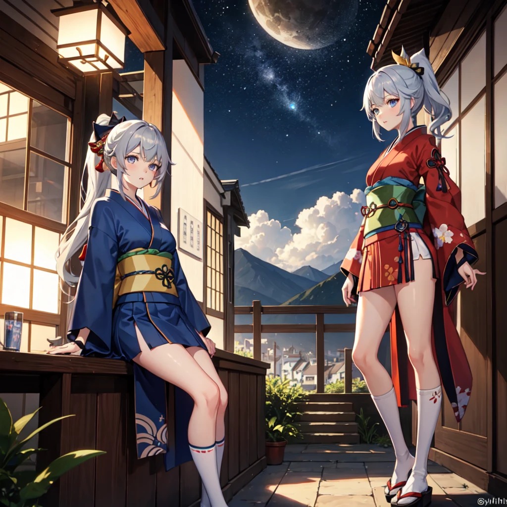 One girl, kimono, ponytail ,Gray Hair, blue eyes, , wallpaper, landscape, , Depth of written boundary, night, light, Side light, Thighs, destiny \(series\), Genshin Impact, Open jacket, skirt, Knee socks, cloud