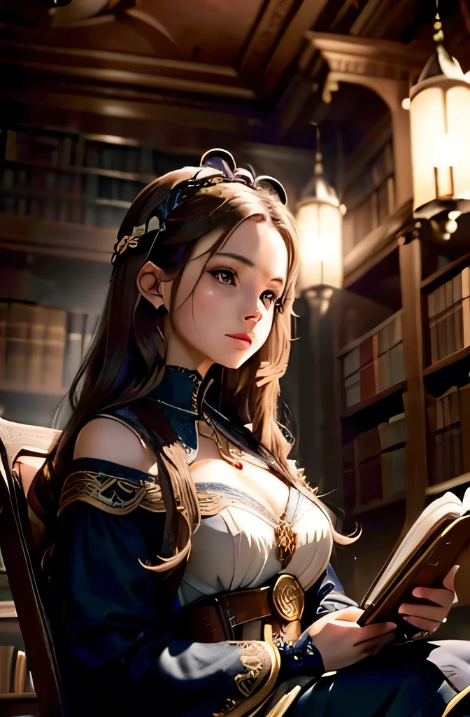 Create an image of a young woman in an old library with dark wooden shelves and old books, lit by chandeliers. The woman must have fair skin, long straight, light brown hair, and be sitting in a leather chair, holding an old book. The atmosphere must convey knowledge and wisdom. Use 8k resolution, with historical rendering style. Lighting should be soft, with ultra-fine details. The image should tell the story of Sophia in a library, symbolizing her knowledge and wisdom.