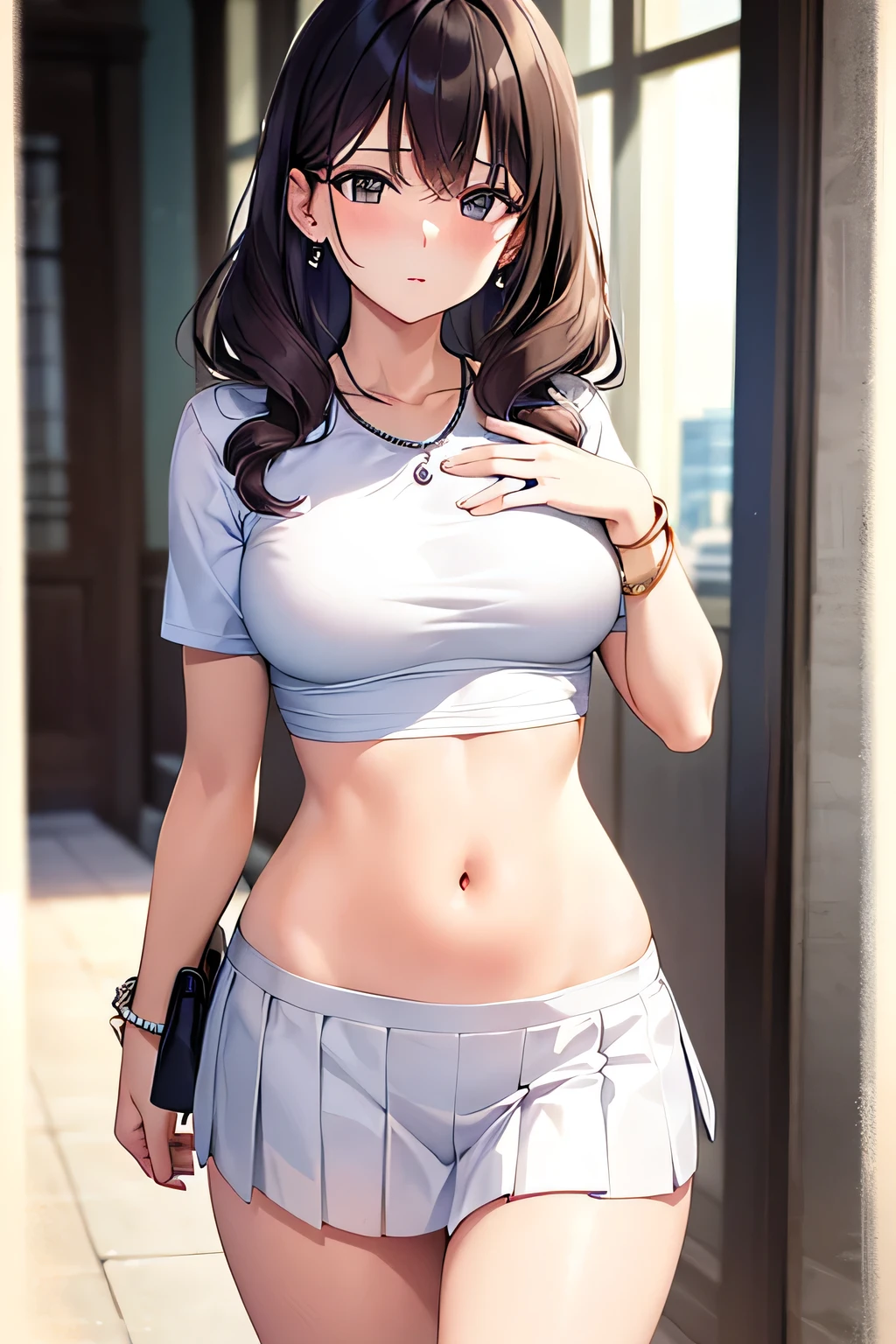 super fine illustration, vibrant colors, masterpiece, sharp focus, best quality, depth of field, cinematic lighting, ultra detailed, crop top, white shirt, short sleeves, white pleated skirt, navel, belly button, tummy, wide hips, 1 girl, solo, milf, long curly hair, slender, blush, mature female, tall woman, looking down, small breasts, stomach, purse, street, city, bangle, earring, pearl necklace, hand on own stomach, thighs, embarrassed, afraid, trembling, upper teeth
