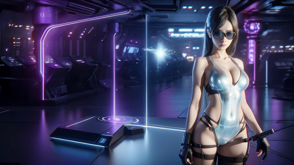 DonMH010D15pl4y, cyberpunk city. (((1girl, solo, alone))), blue holographic portrait, large-breast:1.2 slim:0.6 body, slim face, cleavage:1.1, sexy jacket, (black sunglasses), (((holding a pistol))), dynamic pose, ((half-body thigh:1.1 level medium shot)), mysterious fog, cinematic lighting, ray tracing.