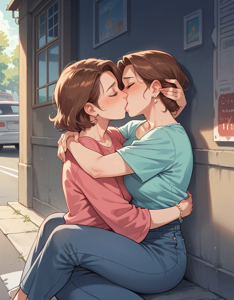 score_9, score_8_On top of that, score_7_On top of that, On the road_Encouraged, Chico 1, 1 girl, Mature Woman, Mother and son, , hug, kiss, Put your hands on your head, Kneel before me,