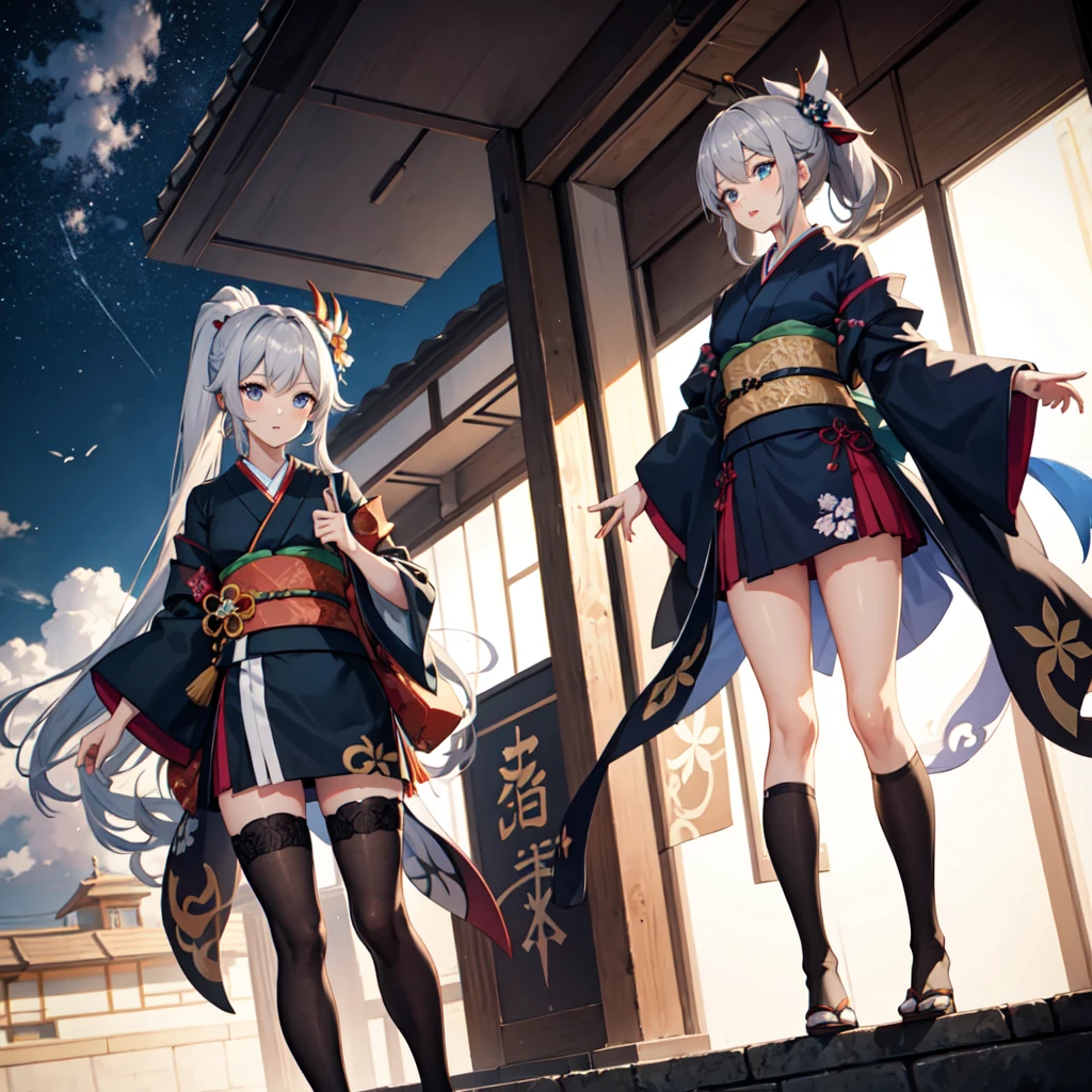 One girl, kimono, ponytail ,Gray Hair, blue eyes, , wallpaper, landscape, , Depth of written boundary, night, light, Side light, Thighs, destiny \(series\), Genshin Impact, Open jacket, skirt, Knee socks, cloud