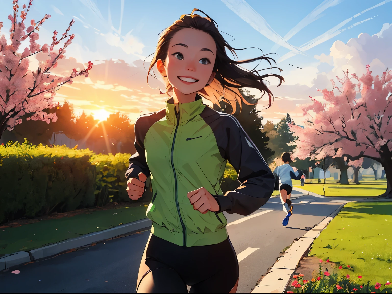 young runner A clearly smiling face, good health, jogging in a park with very beautiful flowers of many colors. Spring flower season. The sky has a very beautiful sunrise.