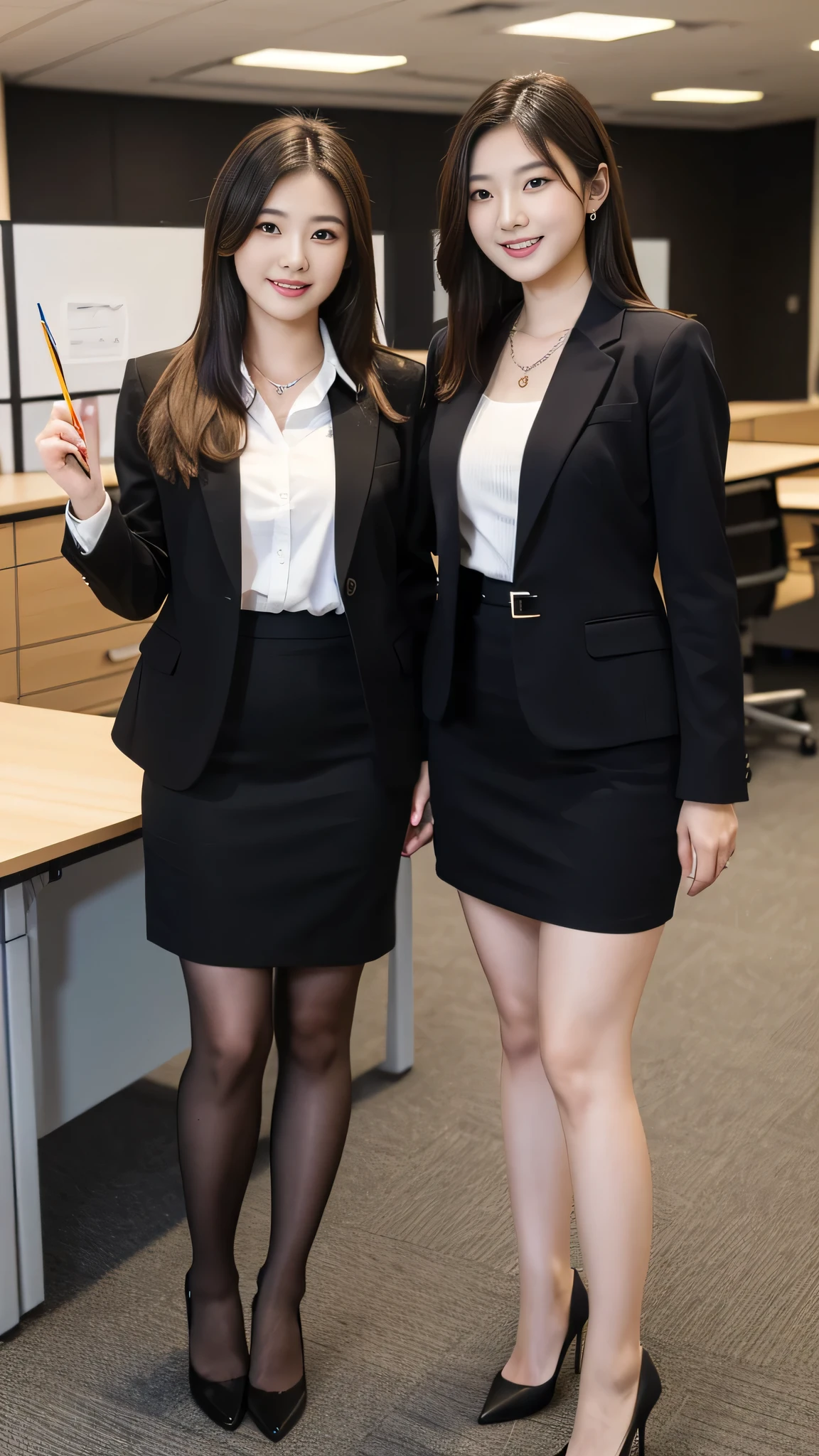 (Highest quality, masterpiece, Photo Real, Super detailed, Ultra-high resolution, born:1.3), (Two Girls), beautiful, Japanese, mature, 28 years old, (Pencil Skirt), (smile), Long Hair, Office Lady Suits、Knee-length skirt、tights、pumps、necklace, office, (Top view:1.2)