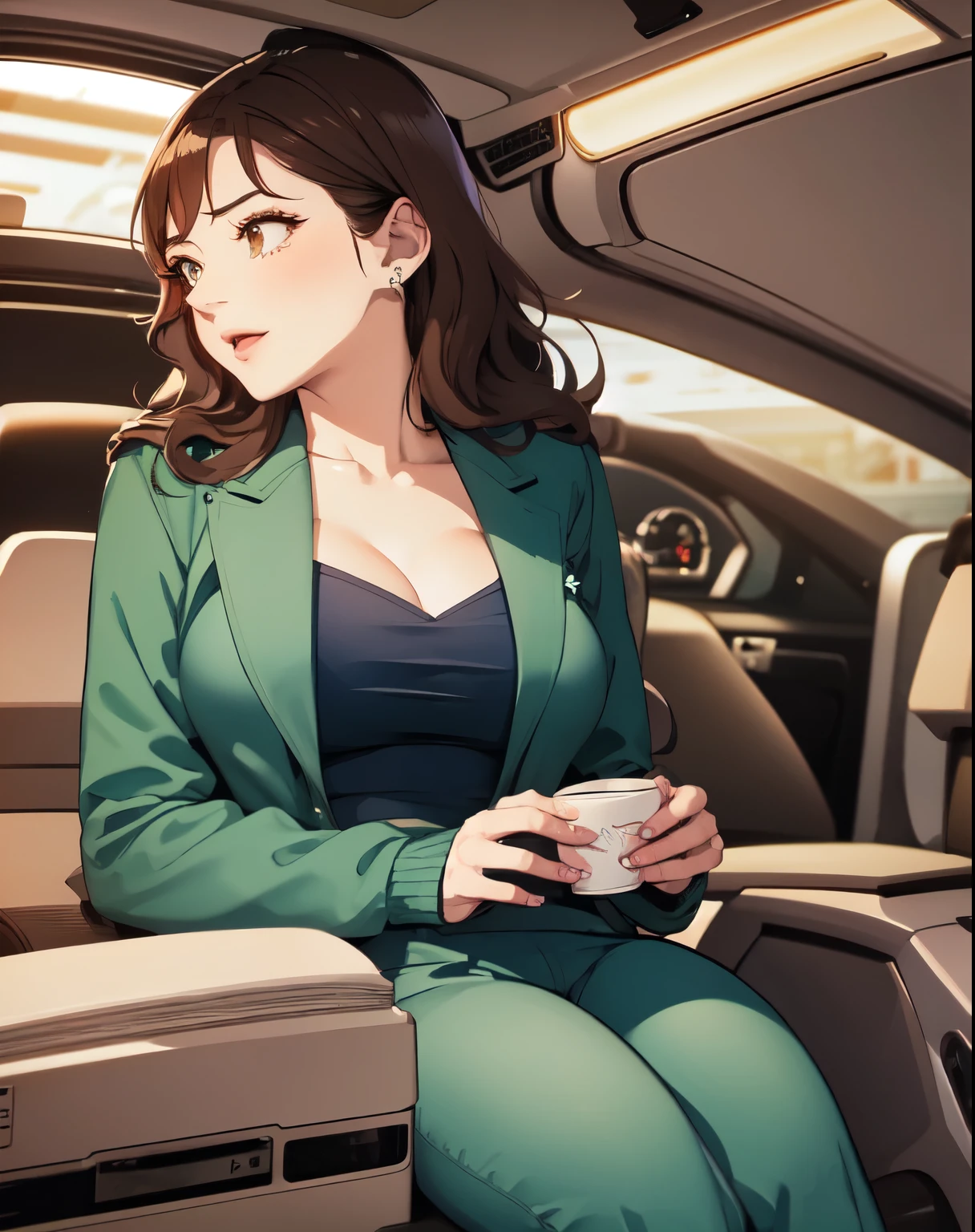 Night time, inside car, cleavage, collarbone, green clothes, green pants, brown hair,brown eyes,Bangs, 1 girl  20yo, milf ,Beautiful Finger,Beautiful long legs, on her knees, Beautiful body,Beautiful Nose,Beautiful character design, perfect eyes, perfect face,expressive eyes,perfect balance, looking at viewer,open mouth, (innocent_big_eyes:1.0),Light_Smile, official art,extremely detailed CG unity 8k wallpaper, perfect lighting,Colorful, Bright_Front_face_Lighting,shiny skin, (masterpiece:1.0),(best_quality:1.0), ultra high res,4K,ultra-detailed, photography, 8K, HDR, highres, absurdres:1.2, Kodak portra 400, film grain, blurry background, bokeh:1.2, lens flare, (vibrant_color:1.2),professional photograph, (Beautiful,large_Breasts:1.4), (beautiful_face:1.5),(narrow_waist),(full_body_shot)