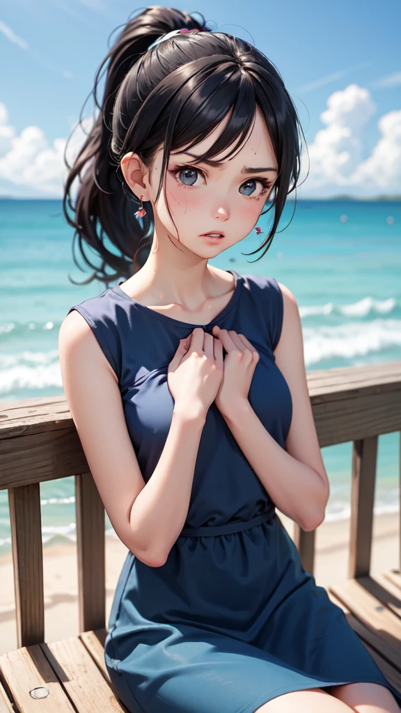 masterpiece, best quality, earrings, blue dress, black hair, small breasts, girl, alone, upper body, hot, sweaty, sitting, ponytail, looking at camera, hands on own chest, ocean, cruiser, sitting, angry