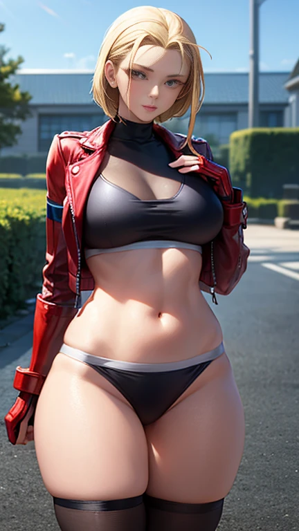 Cammy has large breasts and is wearing her bikinis with a leather jacket