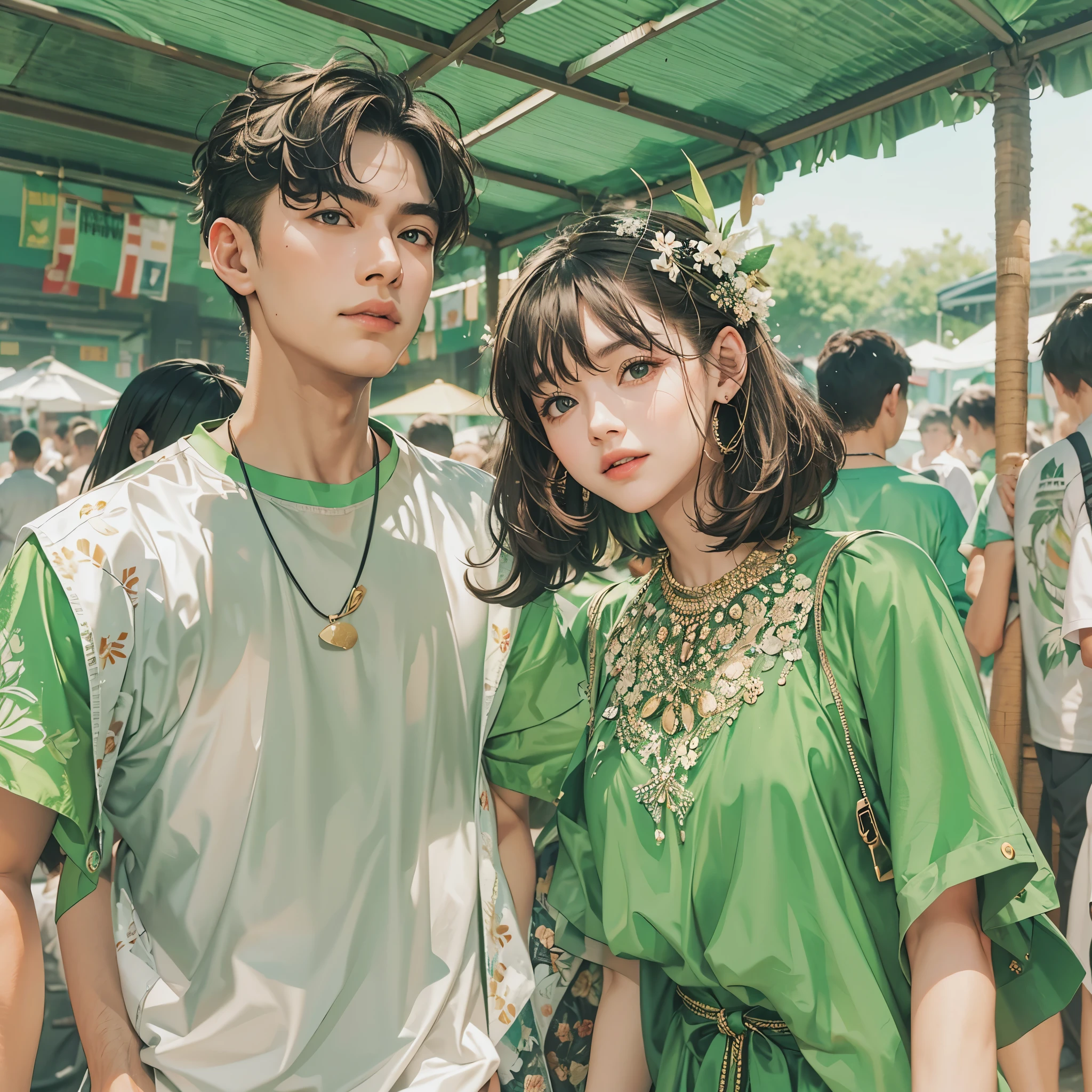 A man and a woman wearing green clothes at a summer festival。Keep a cool and serious expression。Stylish and cool、Make it a flashy image。