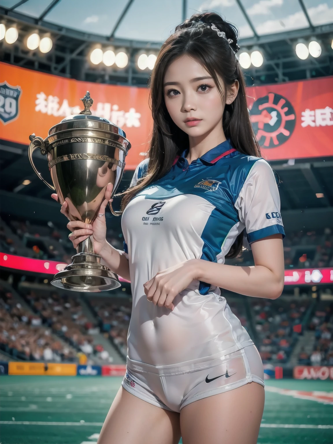 athlete，Sports uniform，Lifting the huge trophy，The background is the podium，stadium，happy，Excited