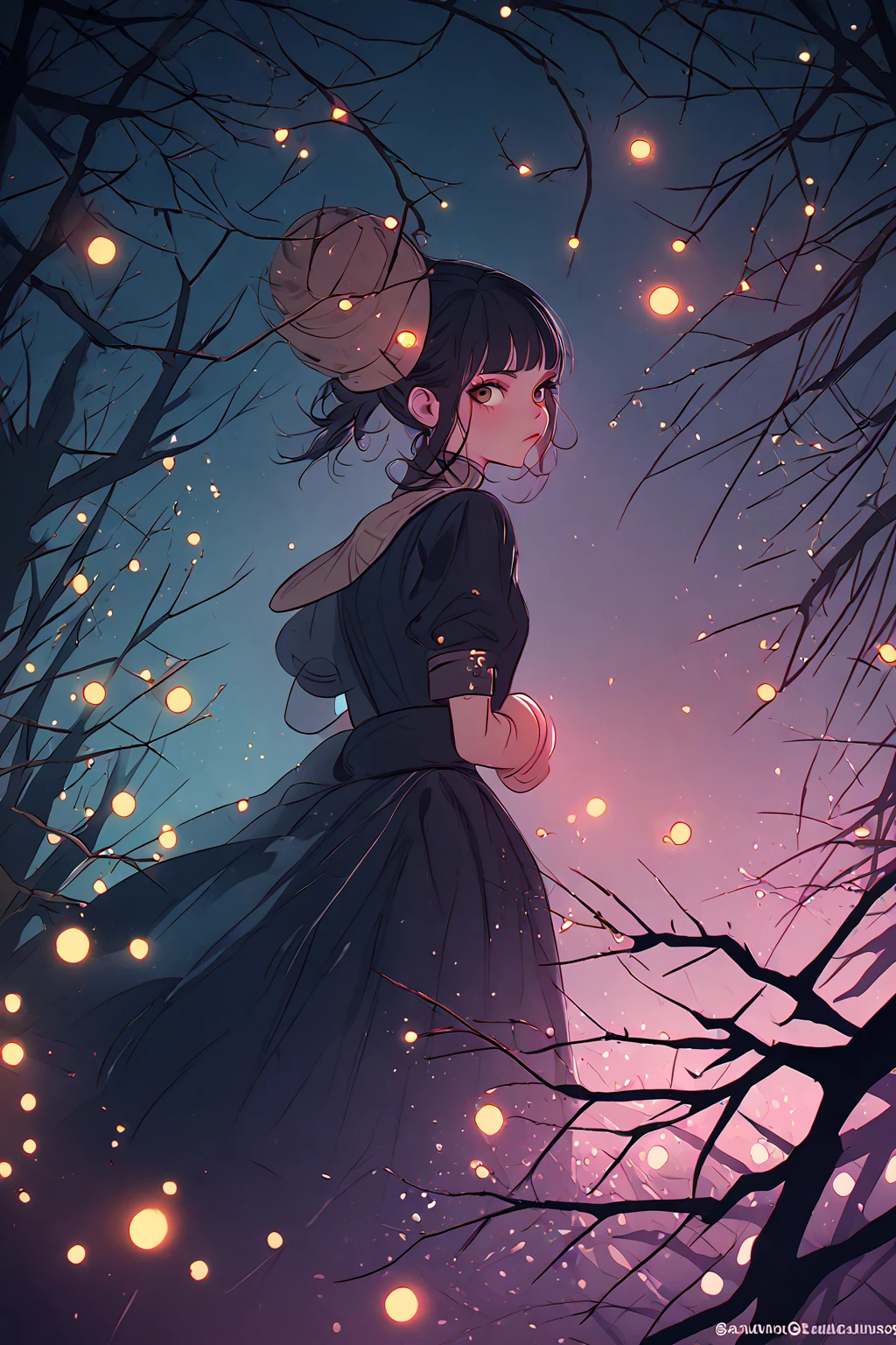 Kuvshinov among branches and fireflies, Sandusha, Fantasy Art, (((Surrealism))), (Style - Glass)