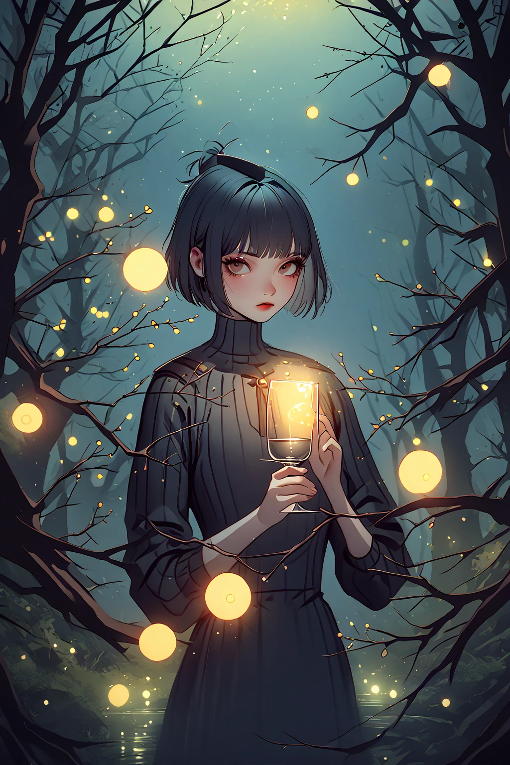 Kuvshinov among branches and fireflies, Sandusha, Fantasy Art, (((Surrealism))), (Style - Glass)