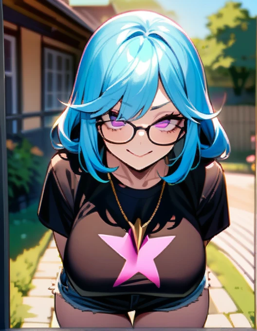 (masterpiece), best quality, expressive eyes, perfect succubus girl hybrid face, long cyan and blue hair, magenta eyes, glasses, silly smile, black sleeved t-shirt with a star print, gold necklace between her breasts, black denim mini shorts, black thong, big and perfect breasts, perfect ass, home, garden, during the day, she makes a silly look when you ask her about your favorite shirt, nfsw