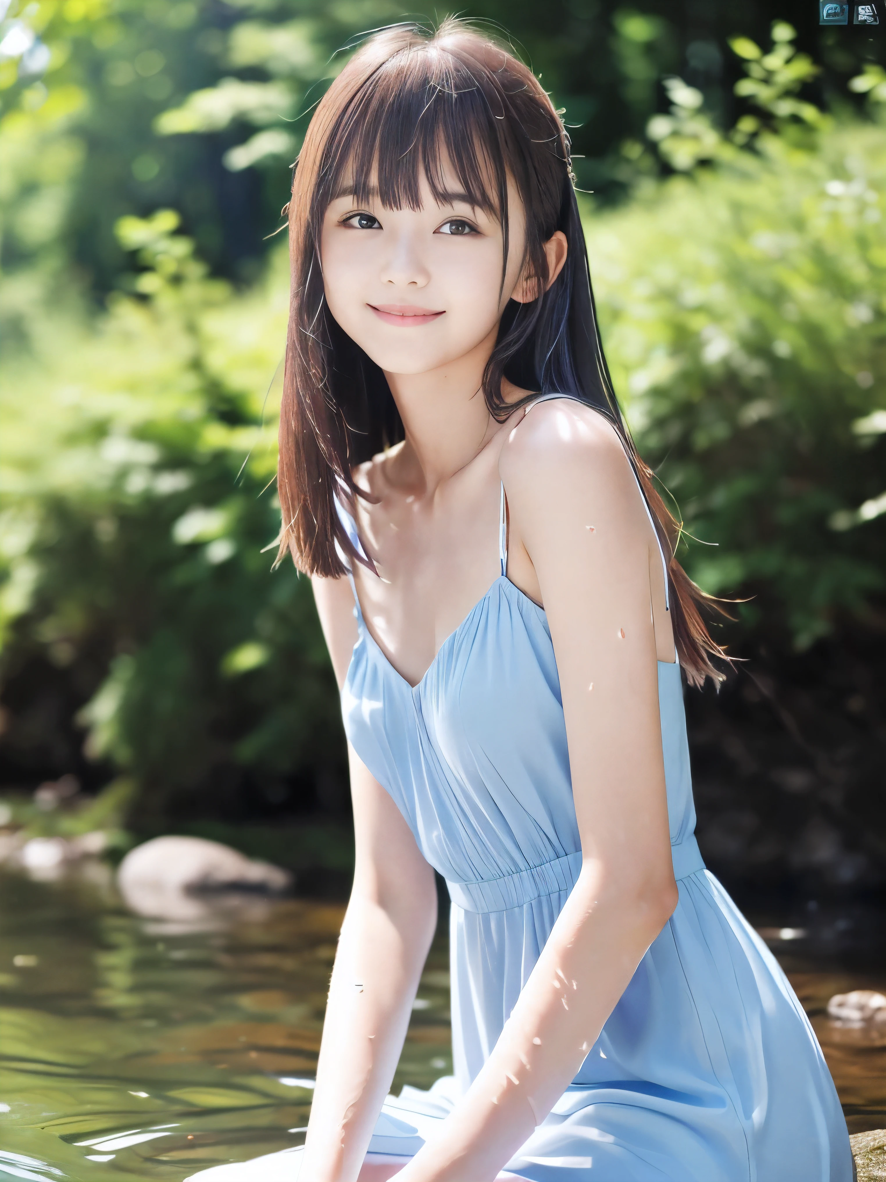 (Close up portrait of slender small-breasted half up brown long hair with bangs girl wearing a white summer dress:1.5)、(One girl is playing with small smile in the clear stream and water fall at the forest in Japan:1.5)、(Summer beautiful blue sky and forest:1.5)、(blurred background:1.5)、(8k ultra detailed master piece:1.5)、(perfect anatomy:1.5)、(Photorealistic stick:1.5)、(Raw photo:1.3)、(highest quality:1.5)、(High resolution:1.3)、(Delicate and beautiful perfect face:1.3)、(Delicate and beautiful eye air skin:1.3)、(Real Human Skin:1.3)、((thin legs))