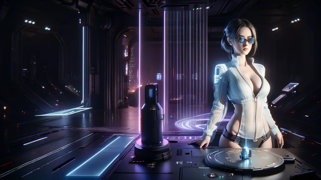 DonMH010D15pl4y, cyberpunk city. (((1girl, solo, alone))), blue holographic portrait, large-:1.2 slim:0.6 body, slim face, cleavasexy jacket, (ck sunglasses), (((holding a pistol))), dynamic pose, ((half-body thigh:1.1 level medium shot)), mysterious fog, cinematic lighting, ray tracing.