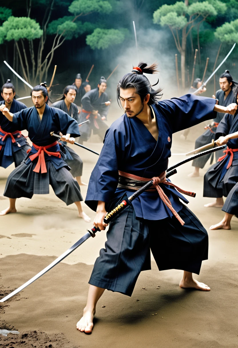 「A scene of Miyamoto Musashi fighting multiple enemies。He is facing several enemies alone.
