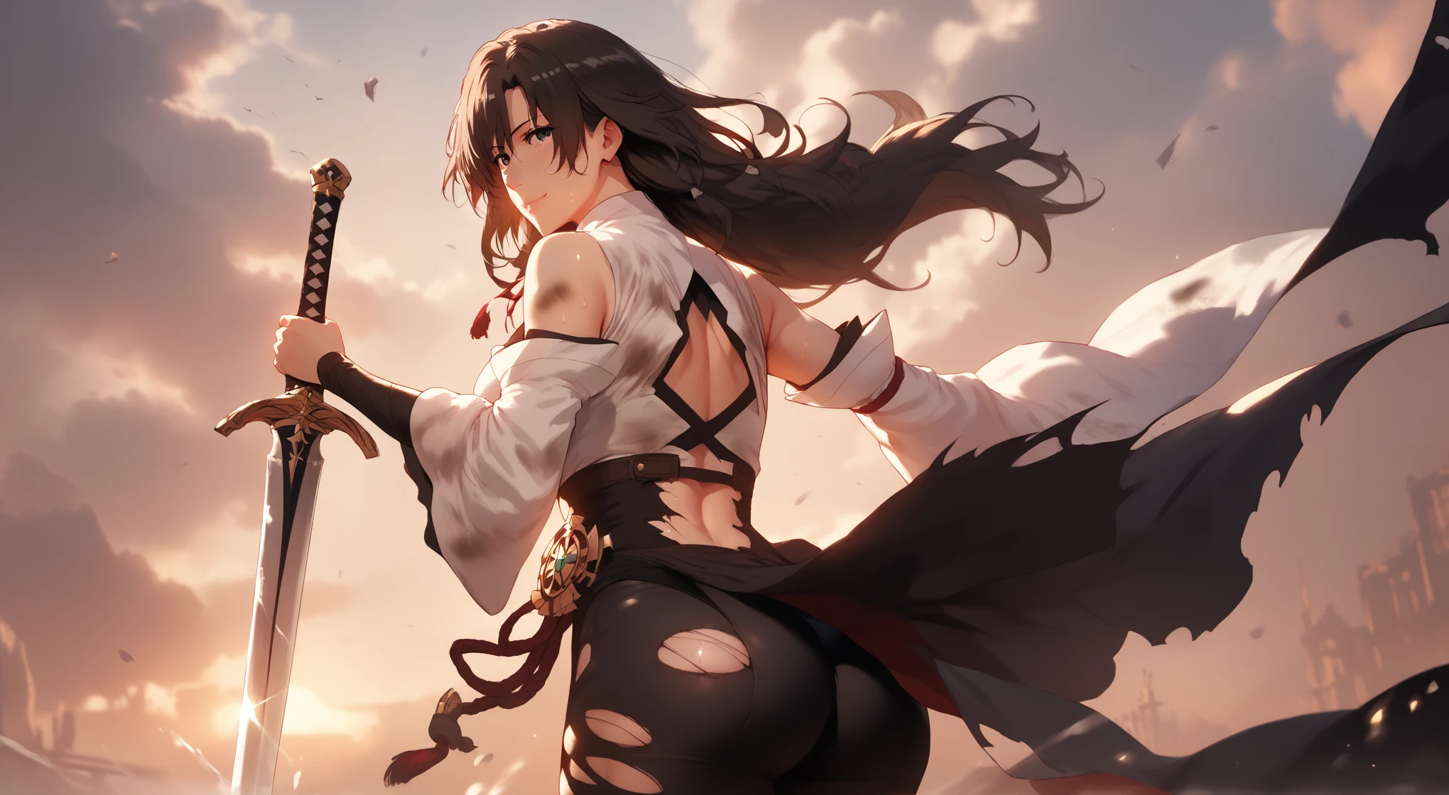 (hews art style:0.7), (hero neisan art style:0.7), score_9, score_8_up, score_7_up, score_6_up, score_5_up, score_4_up, uncensored, shizuka hiratsuka, long hair, black hair, black eyes, BREAK (masterpiece:1.2), best quality, high resolution, (detailed eyes:1.3), perfect lighting, (perfect hands, perfect anatomy), sword, holding, solo, wide_sleeves, 1girl, black_hair, holding_sword, bare_shoulders, detached_sleeves, looking_at_viewer, long_sleeves, standing, breasts, floating_hair, sunset, cowboy_shot, cloud, midriff, large_breasts, looking_back, back, bulge to ass, ripped clothes, smirk, shaded face, torn clothes, dirty, dusty, sweating profusely, broken sword,