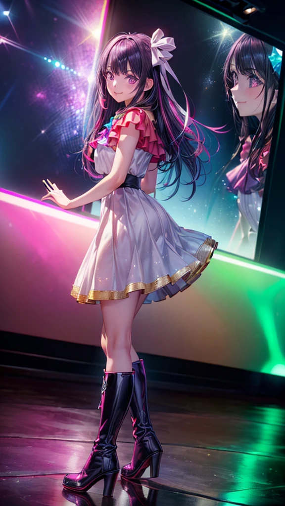 a girl is posing on idol stage, dynamic sexy pose:1.5, spread legs,

 ((1 girl, Hoshino Ai, smiling
slender:1.5, sweat on body:1.8, wet on panty:1.5
porple long hair:1.5, 
Create beautiful highlights in eyes, eye highlights sparkle and stand out, Emphasize the star-like reflections in eyes, Add detailed and bright pupils to eyes, Drawing large, shimmering pupils, Incorporate natural gradients and reflections in  eyes, purple eyes with white highlights, reflecting light from an angle, Eyes with a teardrop-like sparkle, break,
wearing Hoshino Ai's costume, wearing a girl iconic idol outfit with a sparkling dress, Include a girl detailed and colorful idol costume, with a short skirt and elaborate design, Add a star-shaped accessory to a girl's outfit, Ai with a vibrant, eye-catching idol dress, adorned with sequins and glitter, Incorporate bright, bold colors in costume, such as pink and blue, costume should have ruffles, bows, and other decorative elements, costume with a blend of modern and traditional idol fashion elements, Make sure to include a girl's signature accessories and jewelry, break,
Pink open Crotch Lingerie:1.5,
pink highthigh leather boots:1.8, boot's heel is high,
masculer:0.5
midium breasts,
low stature)), 

(wide shot, from below:1.5 skirtup:1.5, skirt inside:1.5, showing panty),


(nsfw, best quality, 4K, 8k, high res, masterpiece:1.2), detailed, (Hyper realistic, photorealistic, photo-realistic:1.37), HDR, UHD, ultra-fine painting, sharp focus, physically based rendering, extreme detail description, professional,