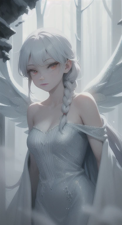 Frozen, misty Forest, ancient being, winter, snow, snow fairy , red eyes, eyes in the fog, regal, looking dead, ice wings,
