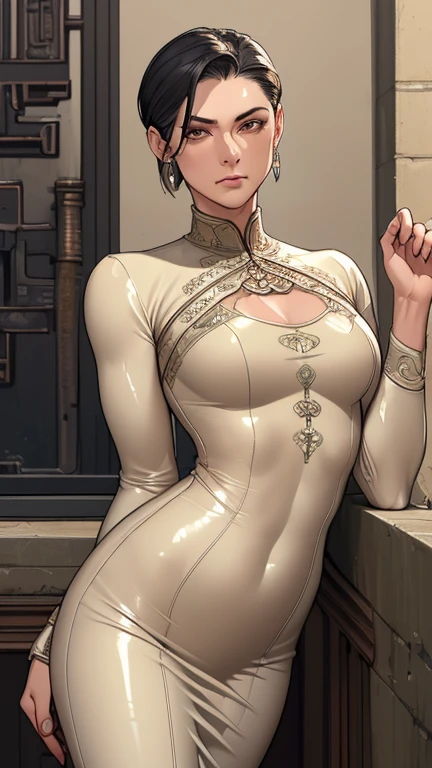 (masterpiece:1.3), (disorganized:1.3), (highest quality:1.3),(perfect anatomy:1.5),perfect finger,(detailed face), solo,1 middle age woman around 55 years old,Army officer,(Steam Punk), (Victorian era),Old Hong kong,(Kowloon area),horizontal angle,((looking at viewer:1.3)), (Super detailed:1.3),(best shadow:0.7),(small breasts),((slicked back short hair:1.1)),(treated hair),fine eyes, beautiful eyes, 1 mature woman, ((saggy small breasts)),((muscular)),dark skin,alone, standing, crystal earrings,closed_mouth, arm_behind_return,beige latex dress,rest outdoors, intimidating pose,cowboy shot