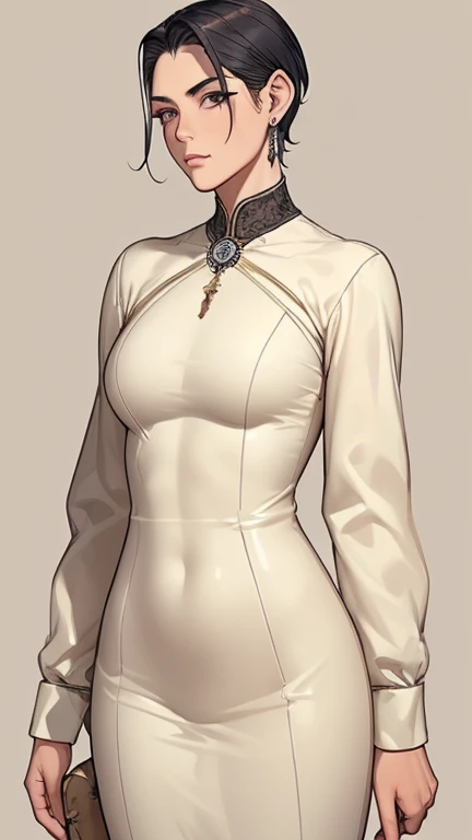 (masterpiece:1.3), (disorganized:1.3), (highest quality:1.3),(perfect anatomy:1.5),perfect finger,(detailed face), solo,1 middle age woman around 55 years old,Army officer,(Steam Punk), (Victorian era),Old Hong kong,(Kowloon area),horizontal angle,((looking at viewer:1.3)), (Super detailed:1.3),(best shadow:0.7),(small breasts),((slicked back short hair:1.1)),(treated hair),fine eyes, beautiful eyes, 1 mature woman, ((saggy small breasts)),((muscular)),dark skin,alone, standing, crystal earrings,closed_mouth, arm_behind_return,beige latex dress,rest outdoors, intimidating pose,cowboy shot