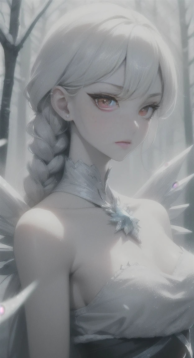 Frozen, misty Forest, ancient being, winter, snow, snow fairy, pale skin, red eyes, eyes in the fog, regal, looking dead, ice wings,