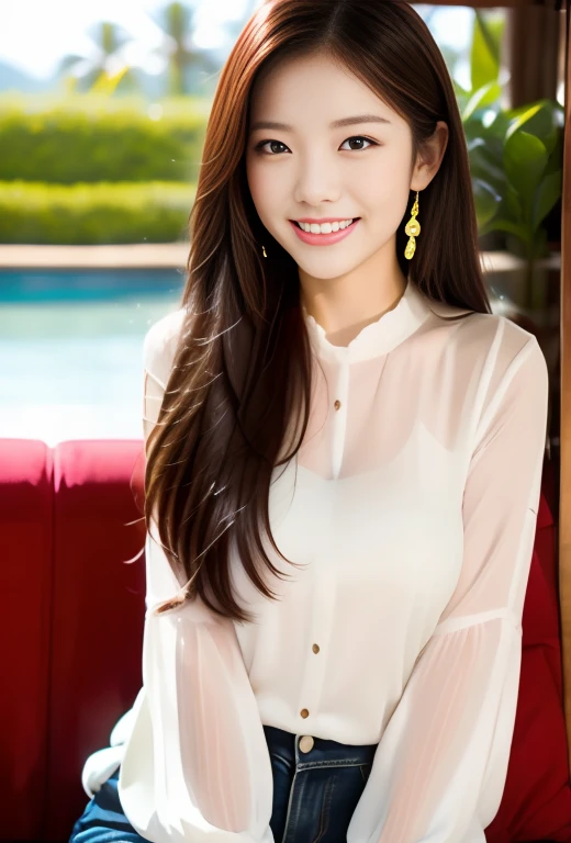 White blouse、Relax on the sofa、Asian Beauty、Smiling Kindly、Have a tropical drink、Sit on a chair、Double、Long Hair、View here、