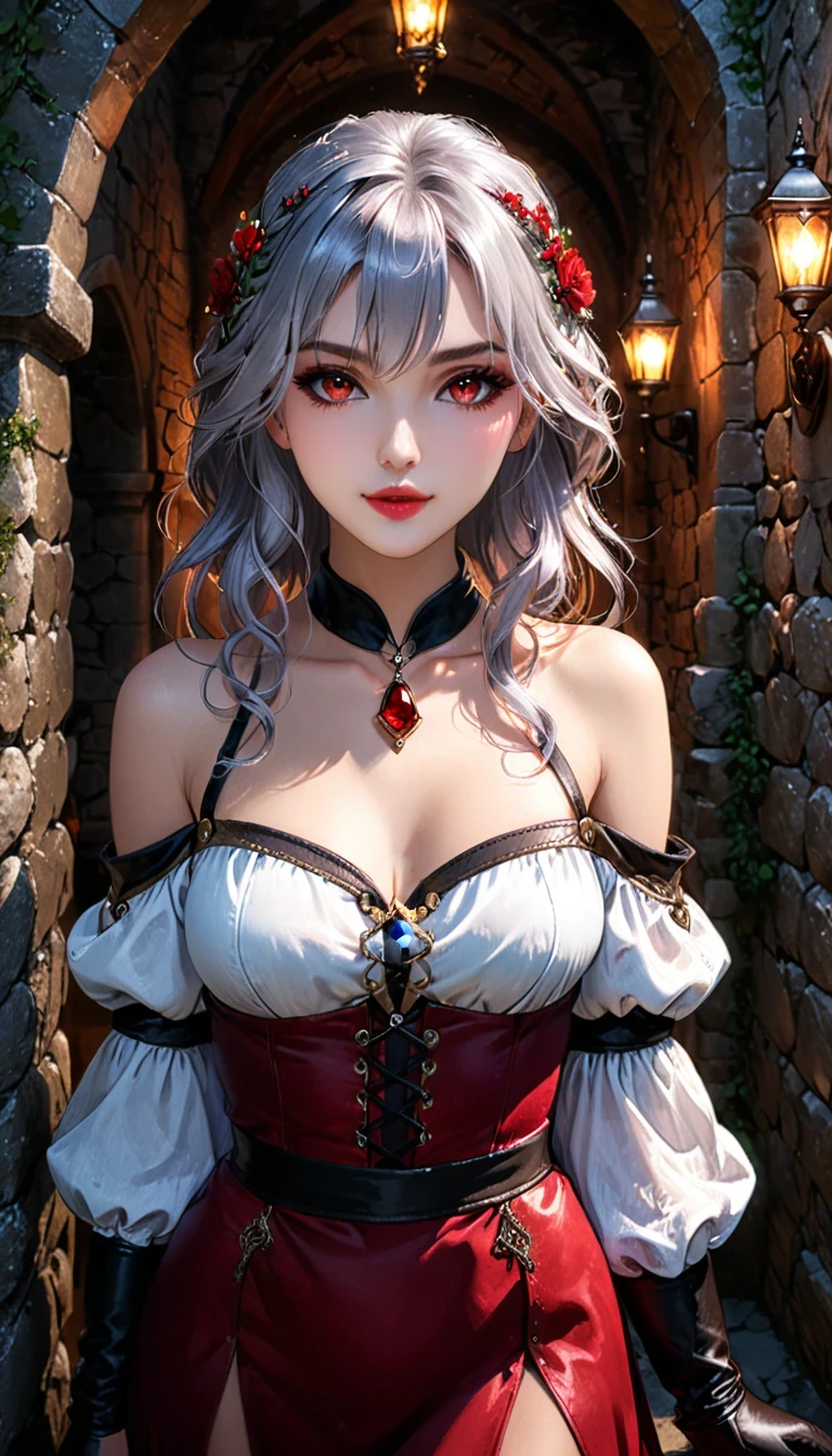 1girl, solo, mature woman, [white shirt top: red dress under], (vampire pattern clothing), long curvy messy hair, silver hair, glowing ruby colored eyes, black eye liner, glowing eyes, ((beautiful face)), detailed face, detailed eyes, perfect hands, (collarbone), (off shoulder), leather high boots, leather glove, set in ancient castle, stone wall, moonlight, cold light, POV, looking at viewer, medieval theme, pretty lips, (seductive look), waitress, illustration, 8k, super details, award winning, high res