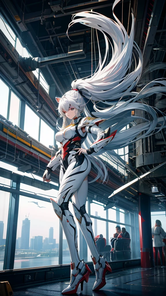 best quality,masterpiece,Ultra-high resolution,(photoactual:1.4),Science Fiction,Inside the aircraft carrier,Heroic and unrestrained,(Oriental style)White Tiger Girl,20 years old,Long white hair and flowing ponytail,Wearing a white tiger mecha,
